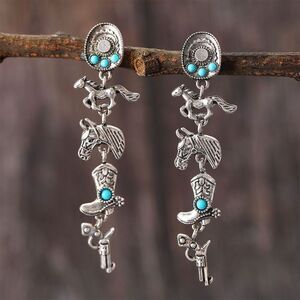 Western Boho Faux Turquoise Cowboy Hat, Boots, Horse and Gun Dangle Earrings